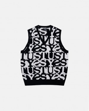Stussy Stacked Svetrove Saty Vest Svetre Damske Biele Čierne Slovensko | CGP-4640